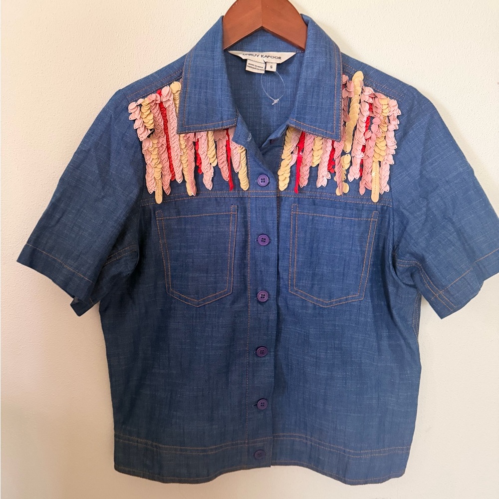Dhruv Kapoor denim sequin button up down top side small